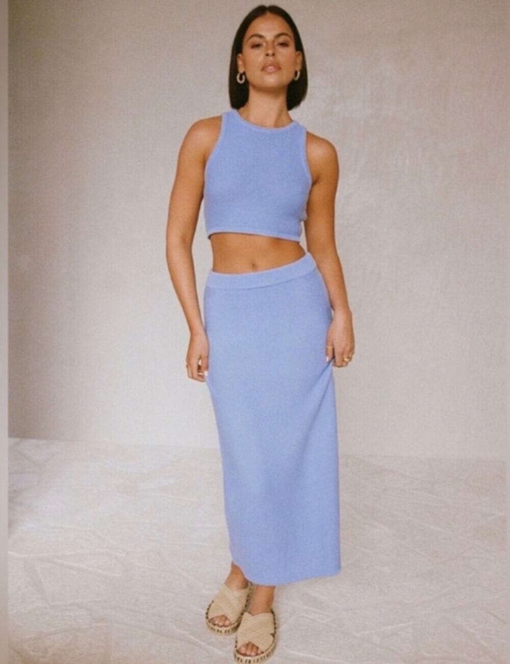 Sabo Heather Knit High Waisted Elastic Waist Column Skirt Periwinkle Blue Size 2